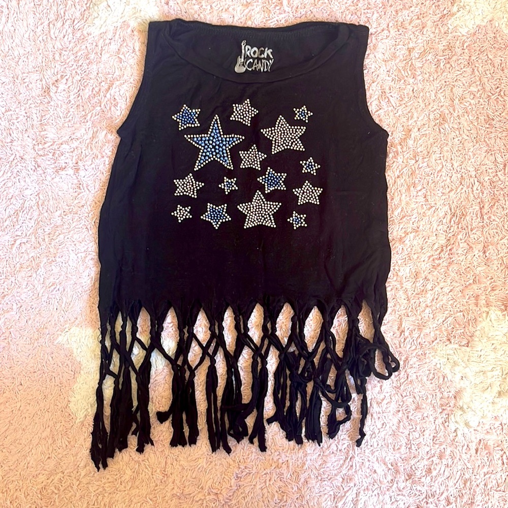 Rock Candy black super soft tank top with fringes blue pink & white rhinestones
